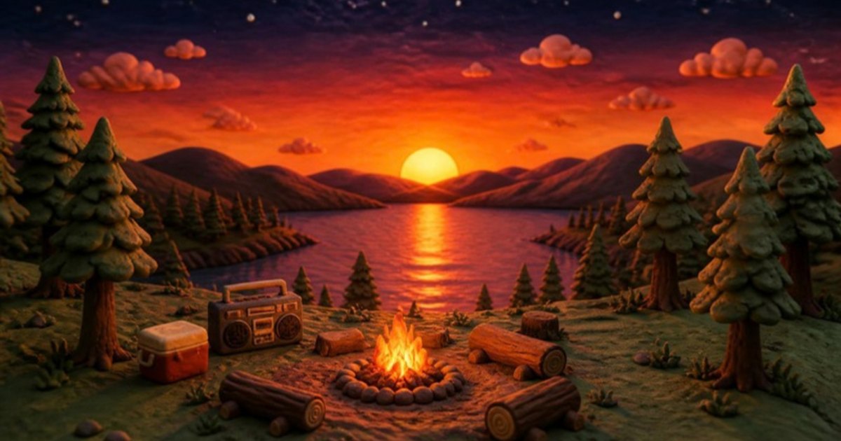 A claymation campfire at sundown: logs around a fire pit on a hillside, a lake and hills behind, a low orange sun on the horizon.